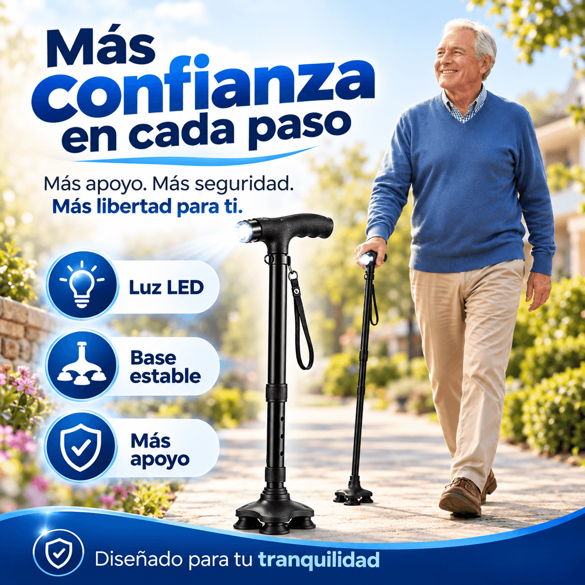 Bastón Plegable 4 Apoyos con Linterna