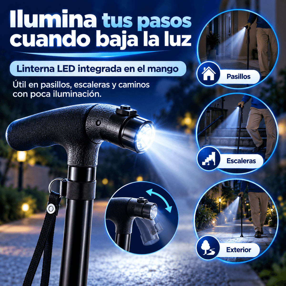 Bastón Plegable 4 Apoyos con Linterna