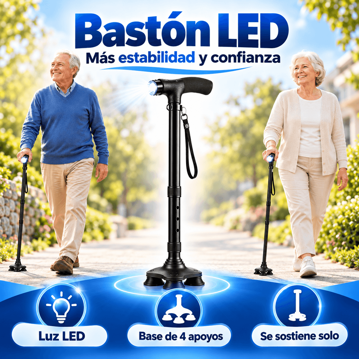 Bastón Plegable 4 Apoyos con Linterna