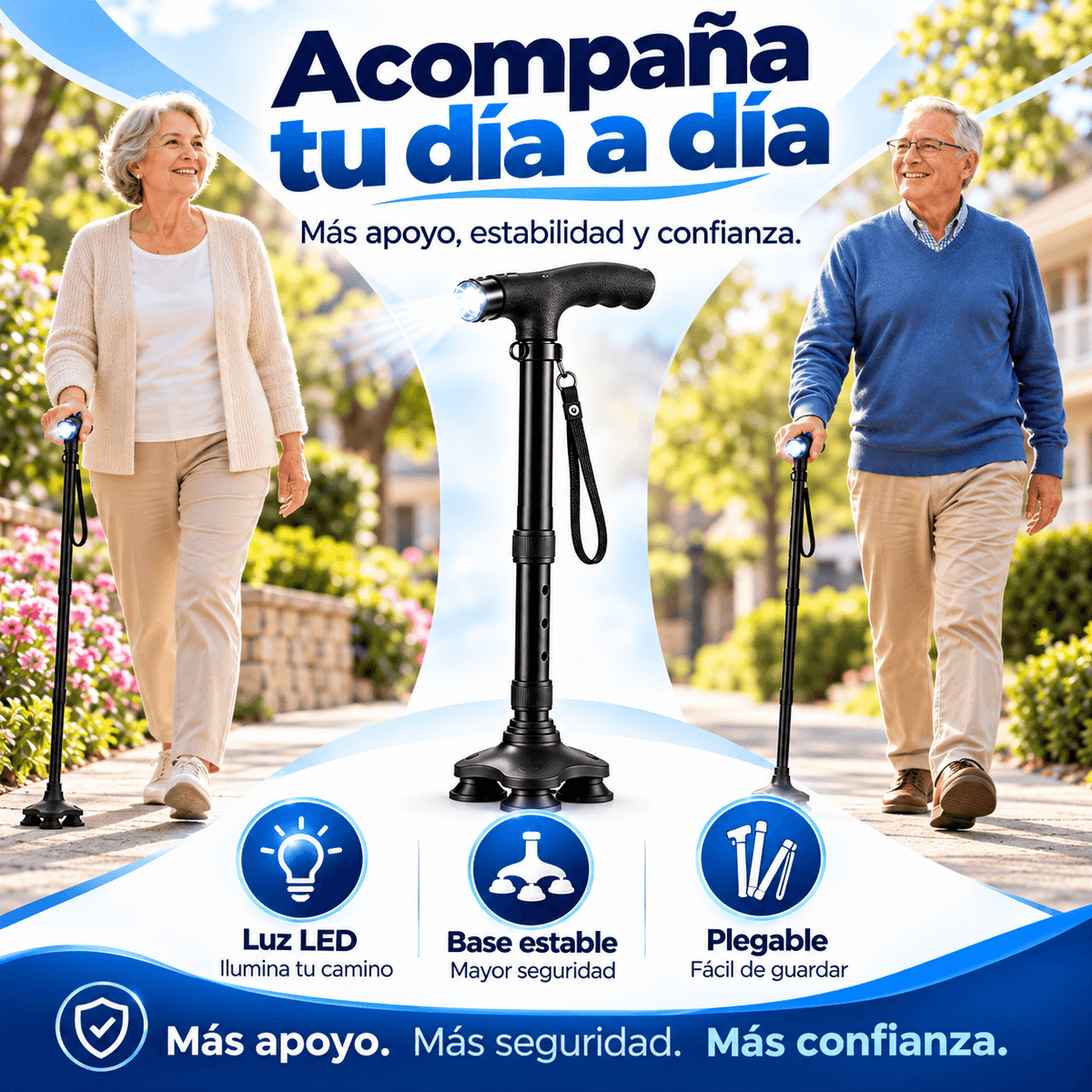 Bastón Plegable 4 Apoyos con Linterna