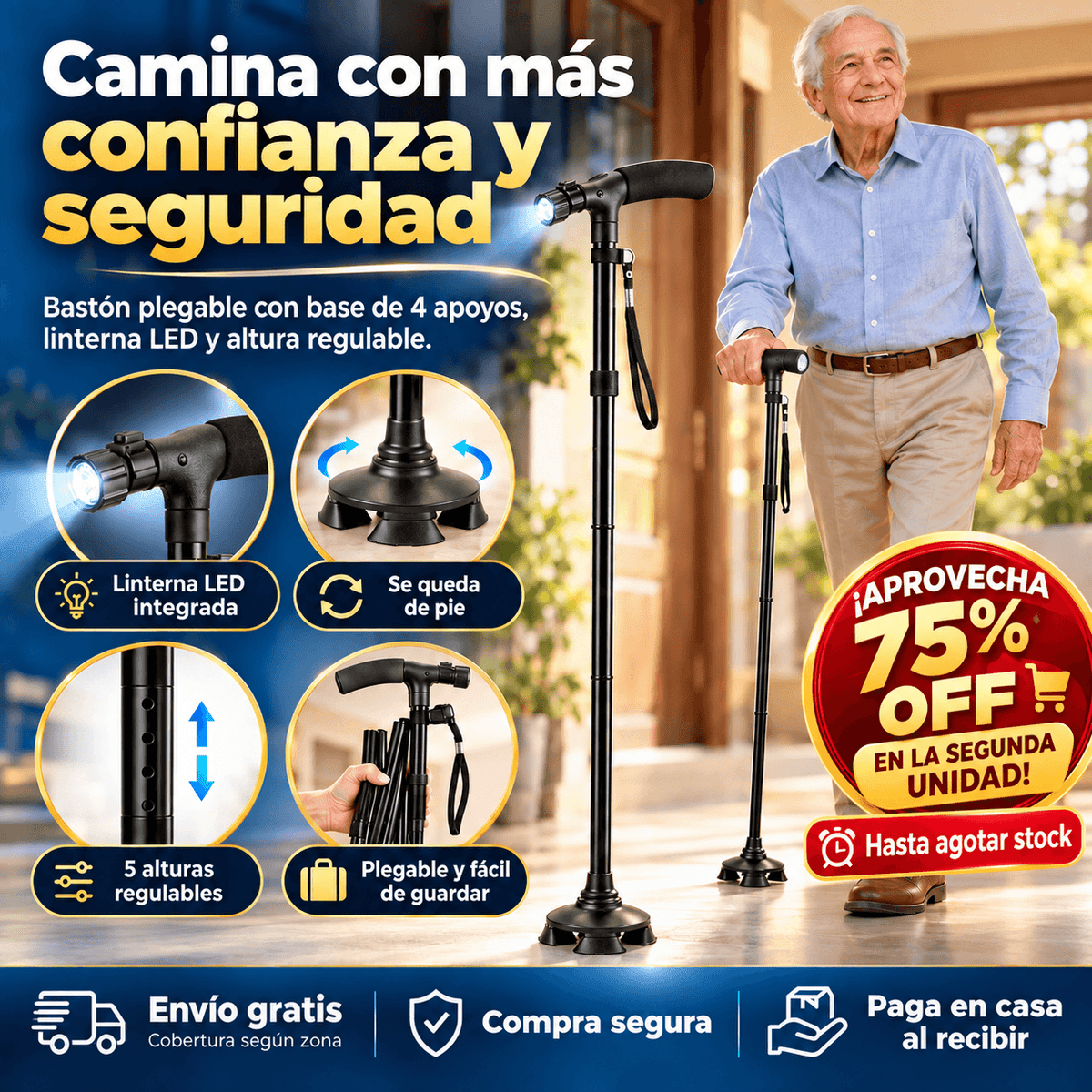 Bastón Plegable 4 Apoyos con Linterna